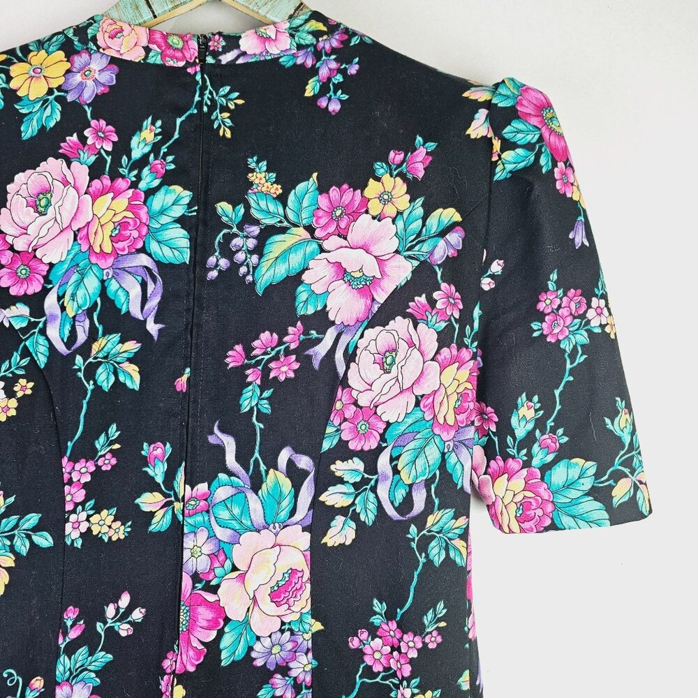 Vintage Positive Attitude 1980's Bold Floral Grunge Alt Basque Body Dress, 5/6 - Picture 9 of 11